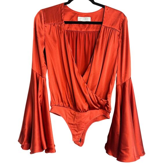 CAROLINE CONSTAS |  Charmeuse Silk Bell Sleeve Bodysuit Rust Orange Extra Small - Picture 3 of 9